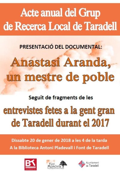 El Grup de Recerca Local de Taradell presentarà dissabte el documental ‘Anastasi Aranda, un mestre de poble’