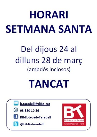 Horari de Setmana Santa a la Biblioteca de Taradell