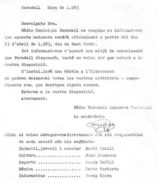 Carta que es va enviar a les entitats per donar-los a conèixer el nou mitjà.