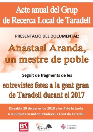 El Grup de Recerca Local de Taradell presentarà dissabte el documental ‘Anastasi Aranda, un mestre de poble’